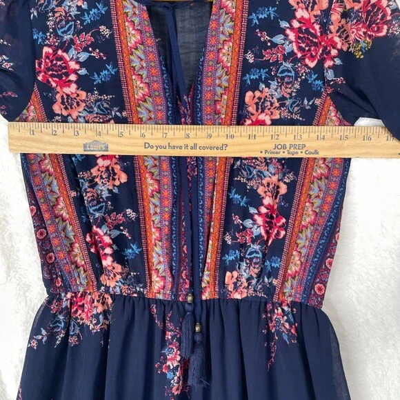 Xhilaration Floral Maxi Dress Womens XS Blue Boho CottageCore Long Sleeves - Picture 9 of 15